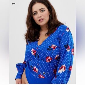Influence Plus Button Down Blouse Bodysuit in Floral and Polka Dot Print